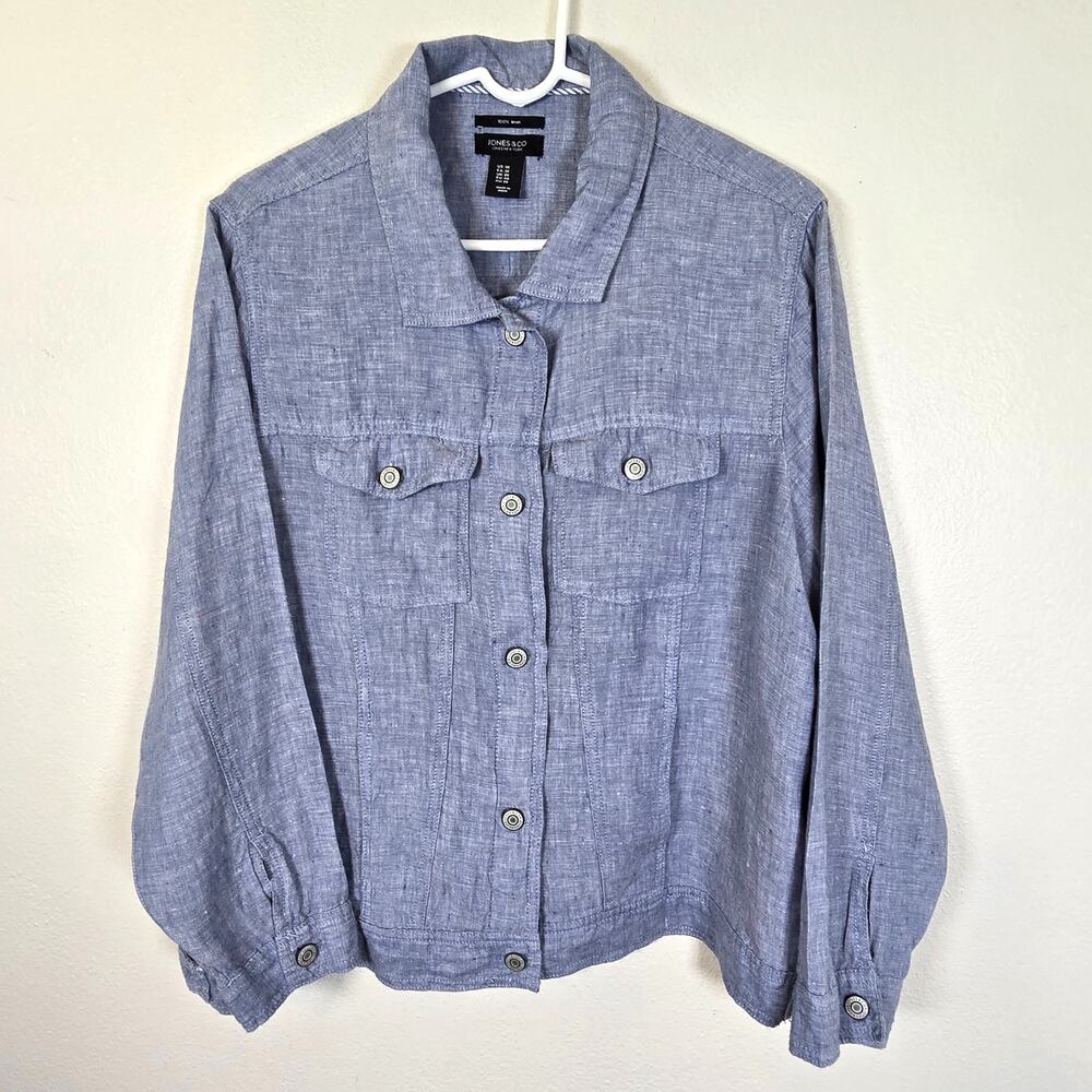 Jones New York Linen Chambray Jacket Women's 1X Button Up Coastal Casual Summer